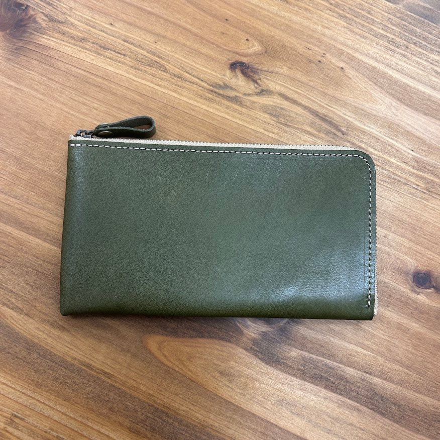 【訳あり品28】L字ファスナー薄型長財布　栃木レザー　OLIVE　NC3749