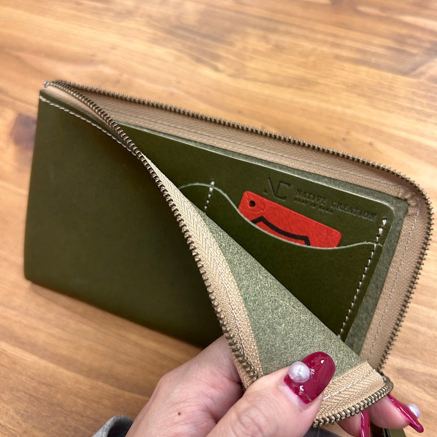 【訳あり品28】L字ファスナー薄型長財布　栃木レザー　OLIVE　NC3749