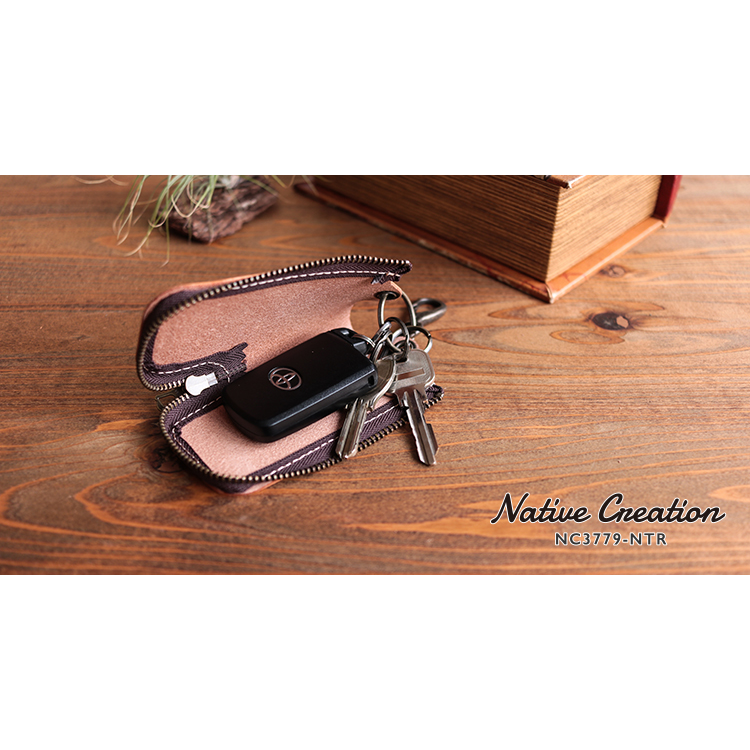 Natural leather round zipper key case NC3779-NTR